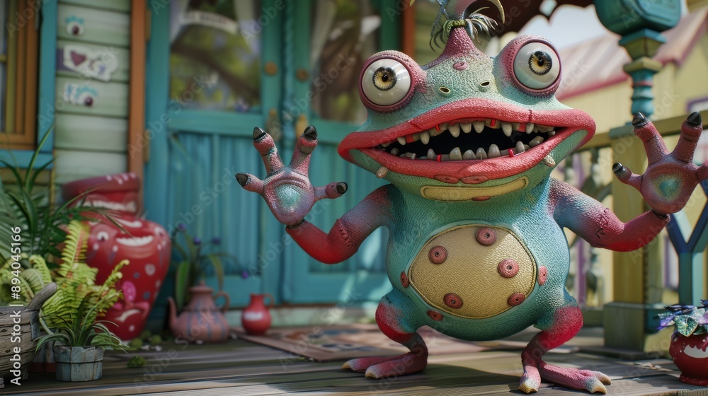 A charming 3D-rendered monster stands happily in front of a whimsical house. Perfect for children’s stories or animations, this character adds a touch of fun and imagination. A charming 3D-rendered monster stands happily in front of a whimsical house. Perfect for children’s stories or animations, this character adds a touch of fun and imagination.
