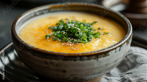 A bowl of fluffy halal gyeran jjim, Korean steamed egg custard, in a minimalist modern Korean restaurant.