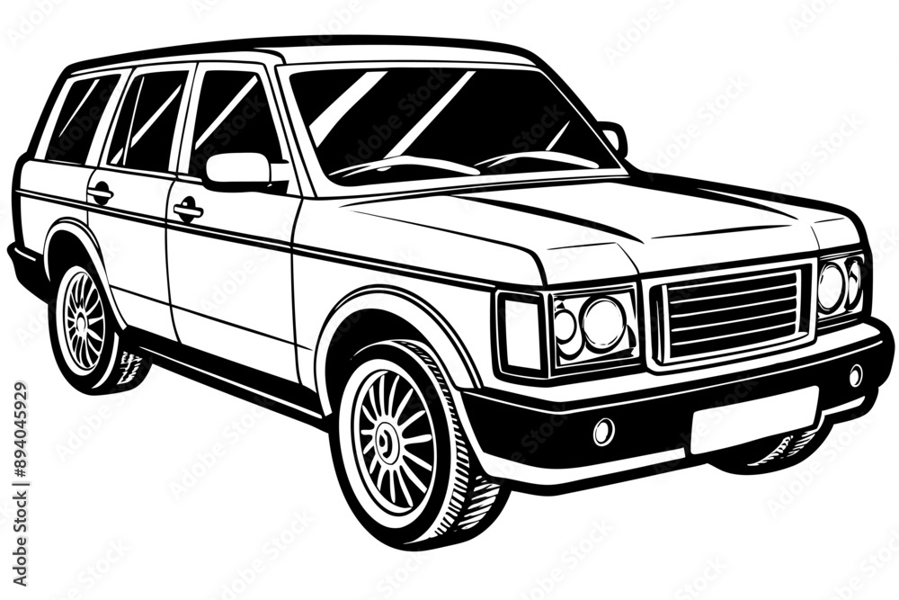 Fototapeta premium Range Rover Car Vector Illustration White Background, Cartoon, Clipart, Line Art Design, Range Rover car vector illustration with a white background in cartoon, clipart, and line art style.