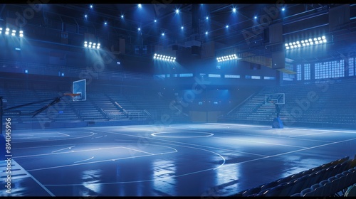 A vacant stadium, basketball court, and sports field with fans and flashlights