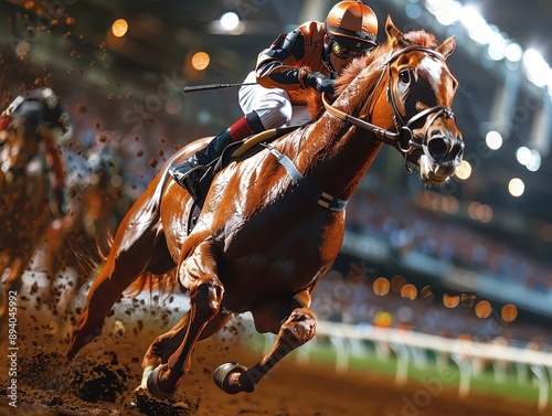 Intense Horse Race at Night in Stadium with Galloping Horses and Energetic Crowd photo