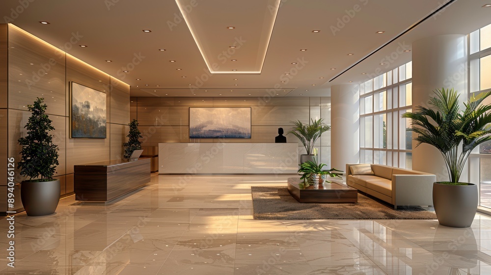 Fototapeta premium Modern lobby designed with elegance, featuring art, plants, and natural light, perfect for showcasing contemporary architecture.