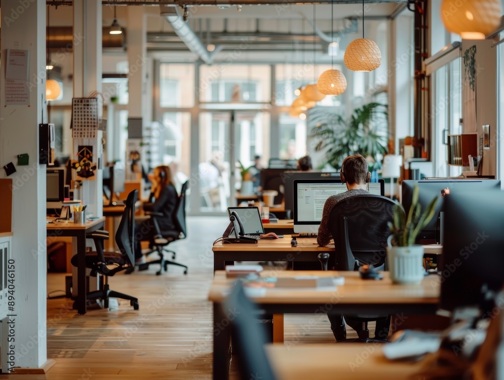 Modern office environment bustling with professionals collaborating at workstations, creating a productive atmosphere. Modern office environment bustling with professionals collaborating at workstations, creating a productive atmosphere.