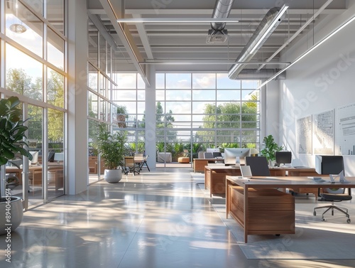 Modern office interior with large windows, natural light, plants, and spacious workstations. Ideal for creative work environments.