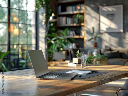 Wallpaper Mural Modern workspace with laptop, plants, and sunlight creating a calming and productive atmosphere for remote work. Torontodigital.ca