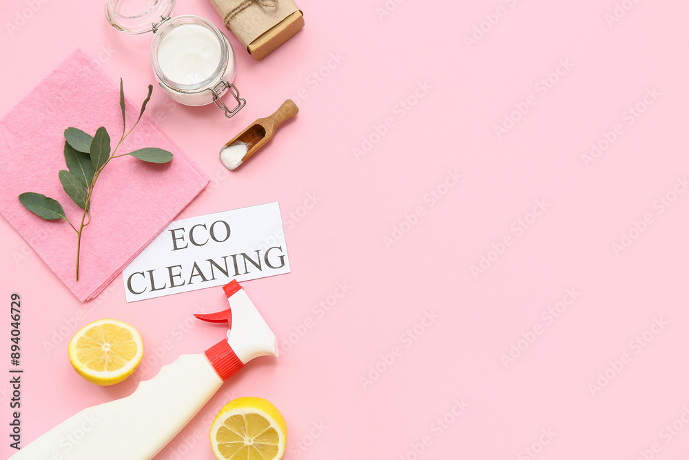 Composition with text ECO CLEANING and natural products on pink background Composition with text ECO CLEANING and natural products on pink background