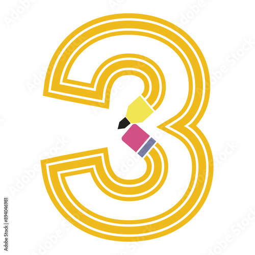 Number Three : Pencil Stroke Illustration - Perfect Graphic Art for School Designs