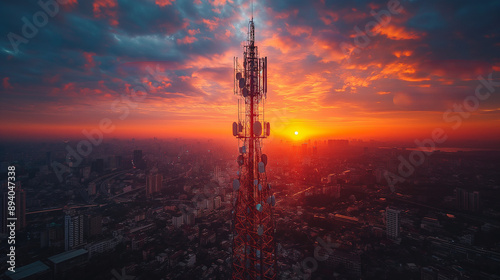 5g mobile internet communication tower. Wireless broadband antenna transmit telecommunication signal. 5g antenna network. 5g communication tower broadcast mobile signal. Communication technology.