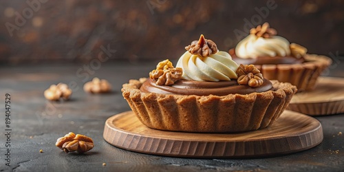 Delicious tartlet with creamy chocolate mousse and crunchy walnuts, food, dessert, sweet, pastry, treat, gourmet, indulgent
