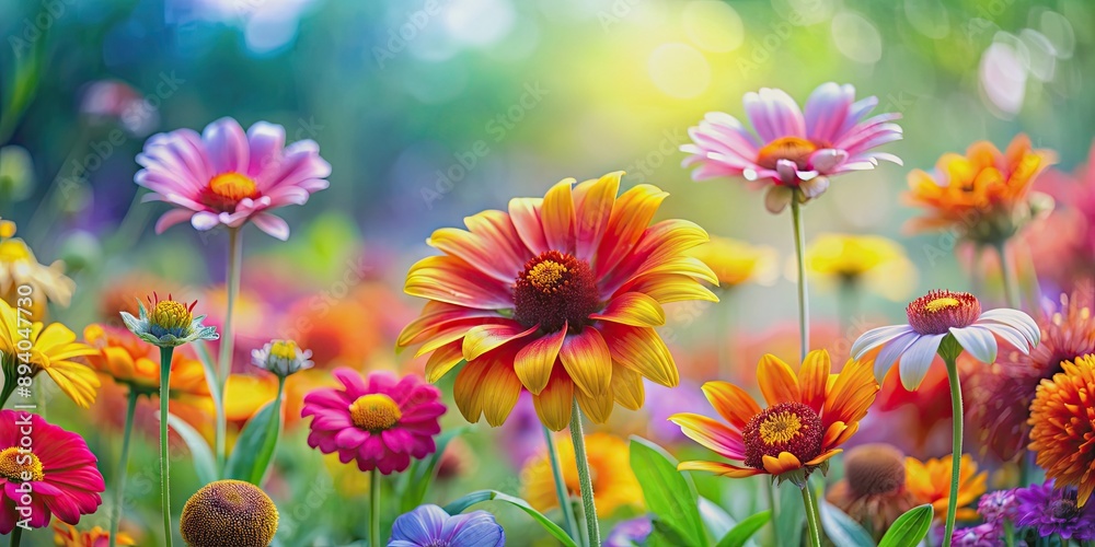 Vibrant macro floral abstract capturing the beauty of summer and spring gardens, rainbow lotus, yellow, pink, orange