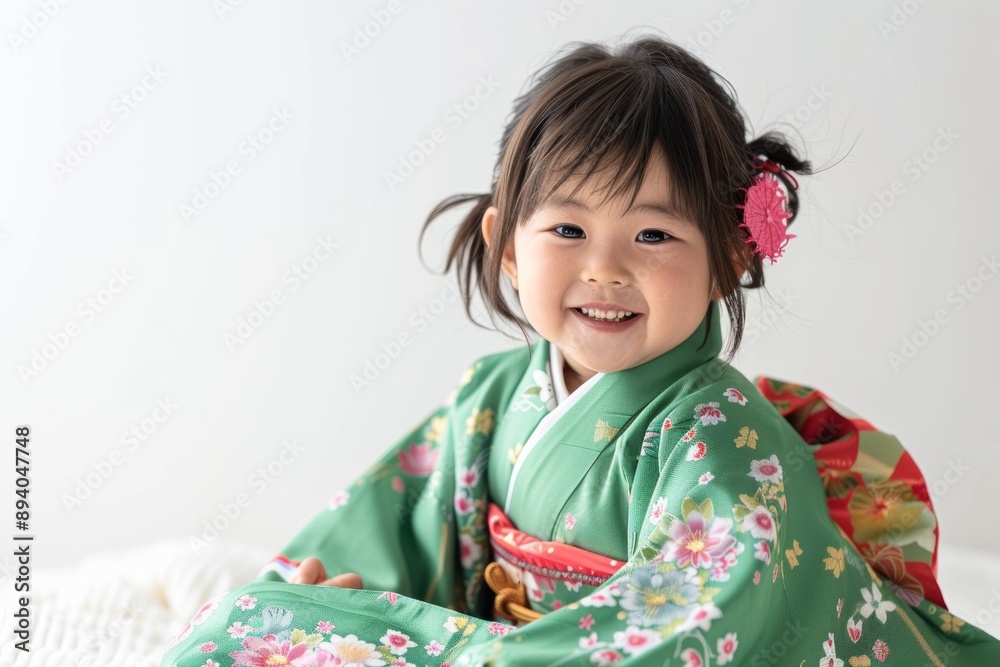 A cute Japanese girl wearing a high-contrast colorful kimono and a random hairstyle poses against a white background. A cute Japanese girl wearing a high-contrast colorful kimono and a random hairstyle poses against a white background.