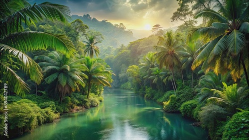 Beautiful tropical jungle landscape with a winding river surrounded by lush green trees, tropical, jungle, landscape, river