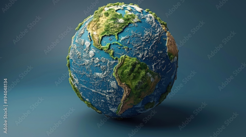 3d cartoon planet earth floating on blue background, simple design, minimalistic.