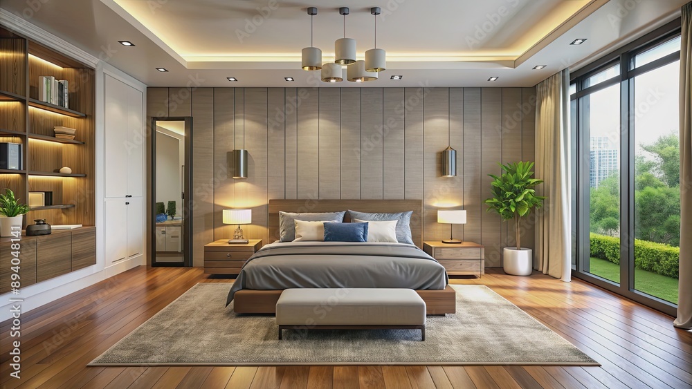 Fototapeta premium Contemporary master bedroom with smart home features, smart home, modern, luxurious, stylish