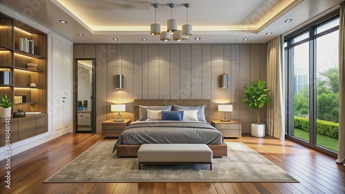 Contemporary master bedroom with smart home features, smart home, modern, luxurious, stylish