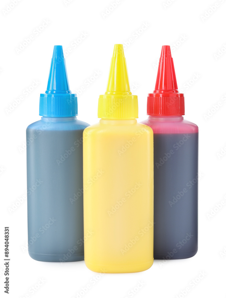 Bottles of different printer ink isolated on white Bottles of different printer ink isolated on white