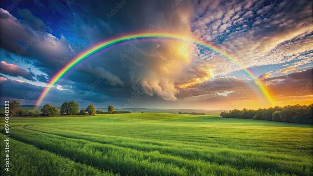 Rainbow arching over a lush green field , nature, colorful, landscape, vibrant, weather, scenic, beauty, summer, countryside Rainbow arching over a lush green field , nature, colorful, landscape, vibrant, weather, scenic, beauty, summer, countryside