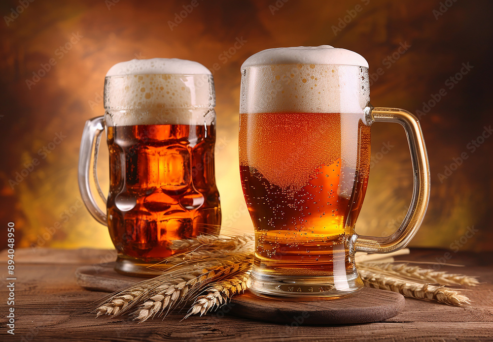 Frosty Beer Mugs on Rustic Table with Wheat Stalks Frosty Beer Mugs on Rustic Table with Wheat Stalks