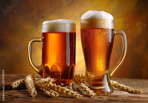 Frosty Beer Mugs on Rustic Table with Wheat Stalks