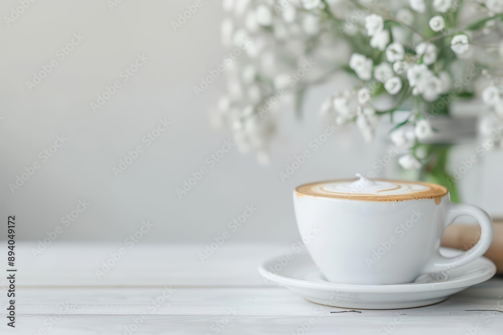 A frothy latte topped with latte art in a cozy cafe, banner, with copy space A frothy latte topped with latte art in a cozy cafe, banner, with copy space