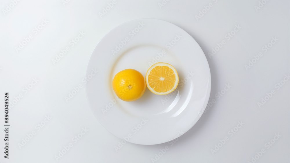 Fresh lemon and half-cut lemon on a white plate, a vibrant and zesty citrus display Fresh lemon and half-cut lemon on a white plate, a vibrant and zesty citrus display
