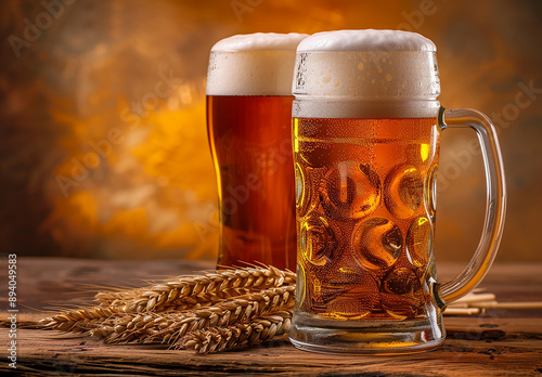 Frosty Beer Mugs on Rustic Table with Wheat Stalks