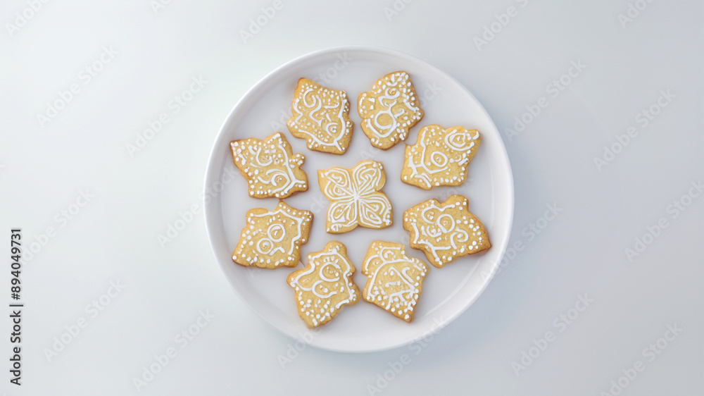 Decorated star-shaped sugar cookies arranged on a white plate, perfect for holiday celebrations Decorated star-shaped sugar cookies arranged on a white plate, perfect for holiday celebrations