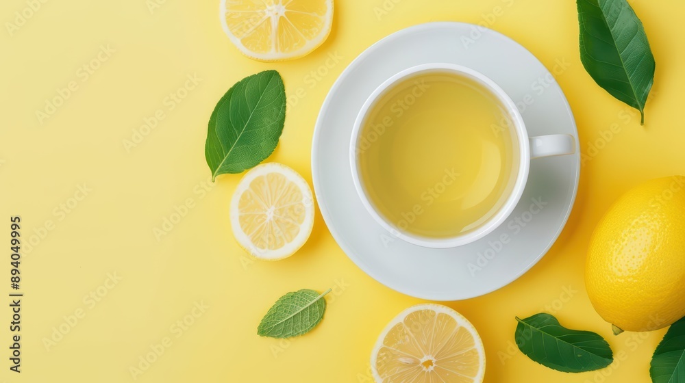 A refreshing cup of green tea with a side of lemon, banner, with copy space A refreshing cup of green tea with a side of lemon, banner, with copy space