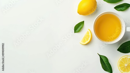 A refreshing cup of green tea with a side of lemon, banner, with copy space