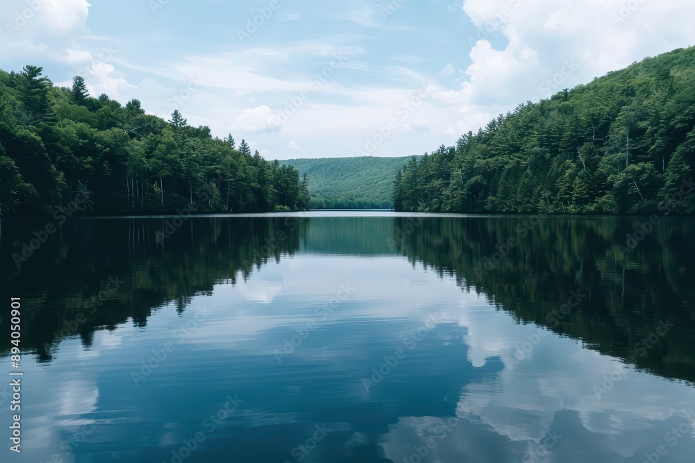 A tranquil lake reflecting surrounding trees and sky, banner, with copy space A tranquil lake reflecting surrounding trees and sky, banner, with copy space