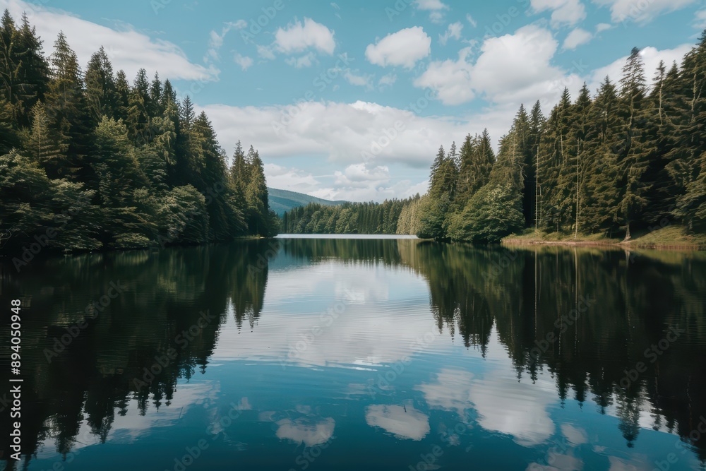 A tranquil lake reflecting surrounding trees and sky, banner, with copy space A tranquil lake reflecting surrounding trees and sky, banner, with copy space