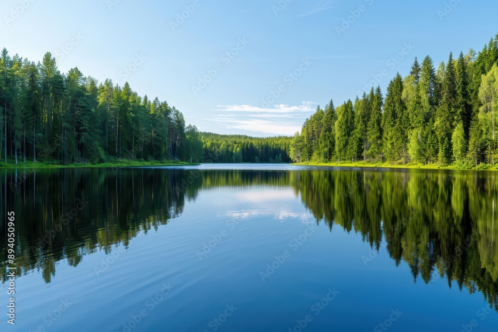 Fototapeta premium A tranquil lake reflecting surrounding trees and sky, banner, with copy space