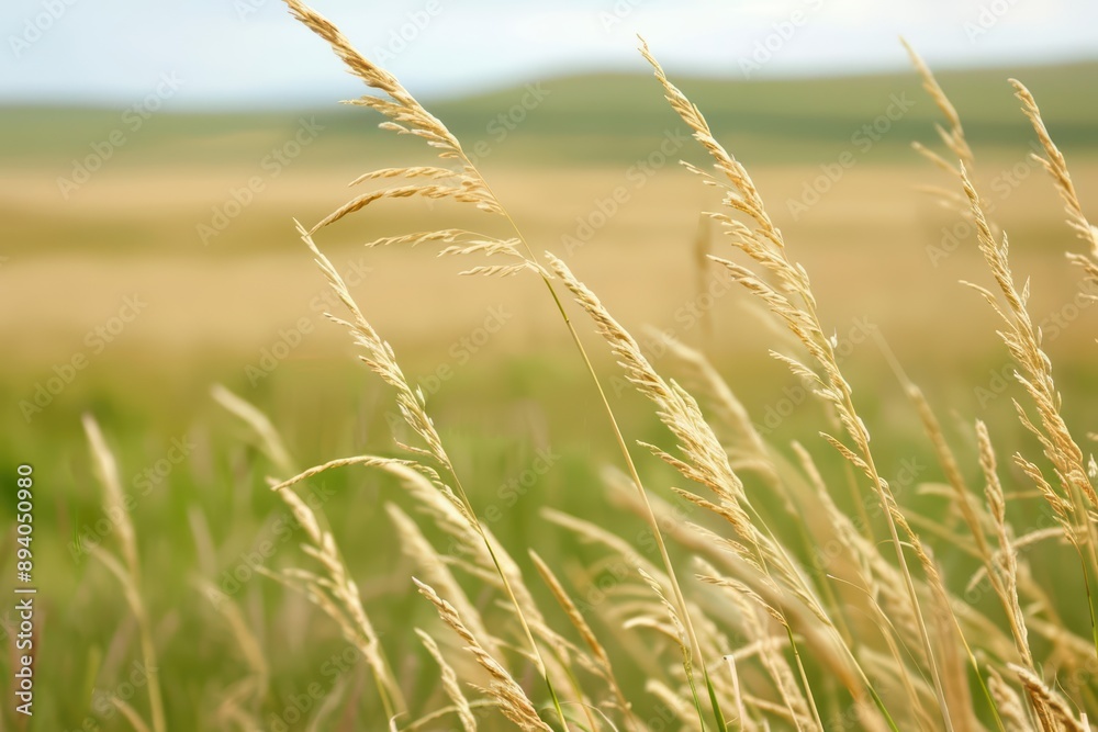 Fototapeta premium A vast prairie with tall grasses swaying, banner, with copy space