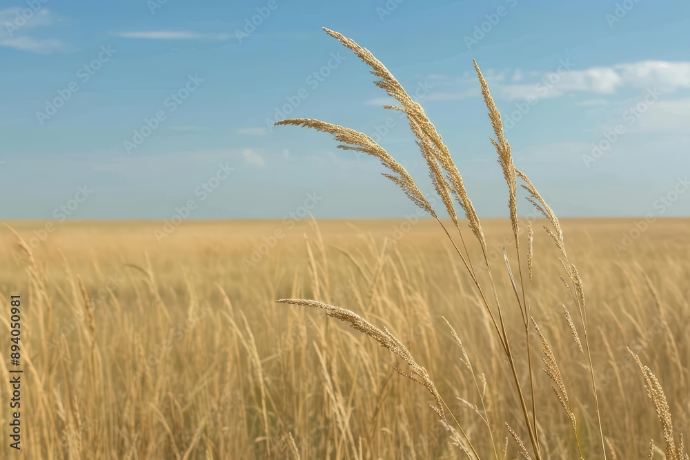 Fototapeta premium A vast prairie with tall grasses swaying, banner, with copy space