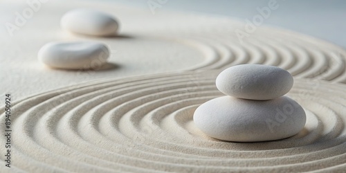 Zen meditation with white minimalist wellness stones , mindfulness, relaxation, balance, tranquility, peaceful, harmony