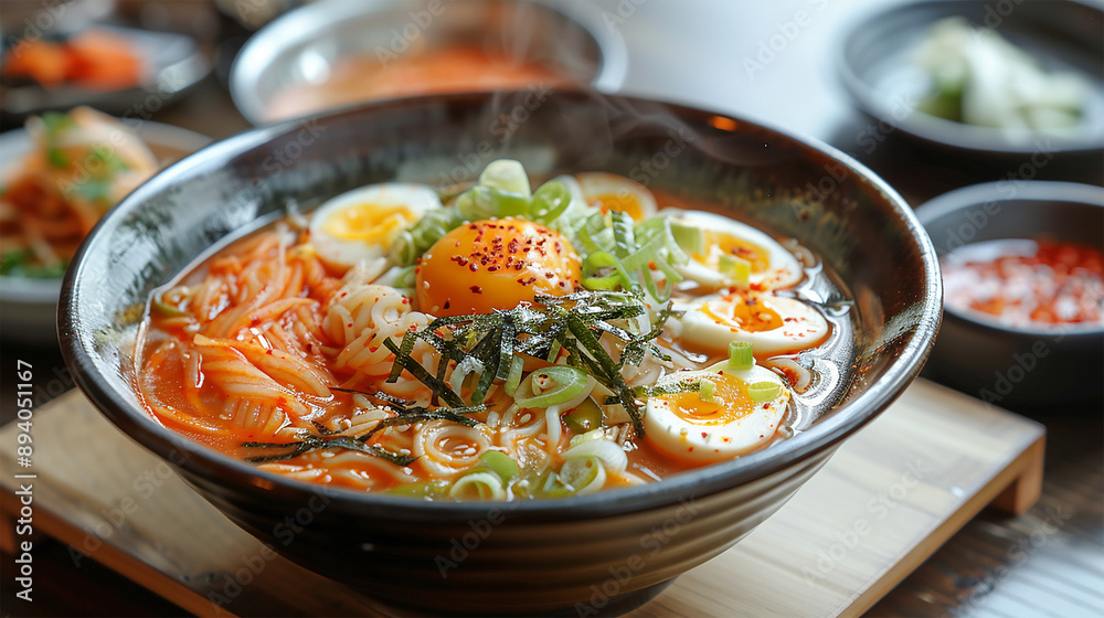 A bowl of cold halal naengmyeon noodles in a tangy broth, served in a stylish Korean restaurant A bowl of cold halal naengmyeon noodles in a tangy broth, served in a stylish Korean restaurant