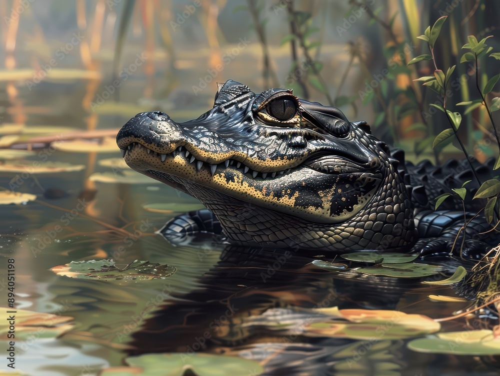 Majestic Spectacled Caiman Sunbathing on Riverbank with Intent Eyes - Realistic Wildlife Scene Majestic Spectacled Caiman Sunbathing on Riverbank with Intent Eyes - Realistic Wildlife Scene