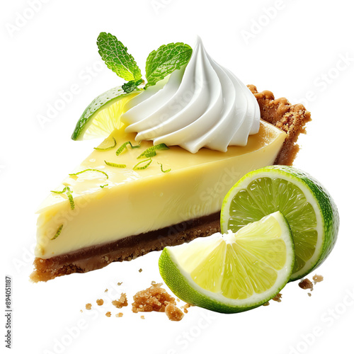 Delicious slice of key lime pie topped with whipped cream and fresh lime wedges. Perfect for dessert lovers., transparent background