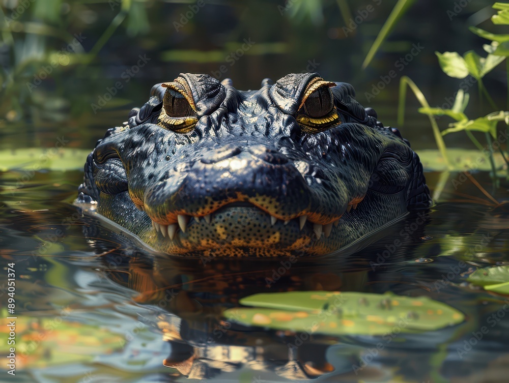Fototapeta premium Stealthy Black Caiman Hiding Below Water Surface - Wildlife Predator Concept