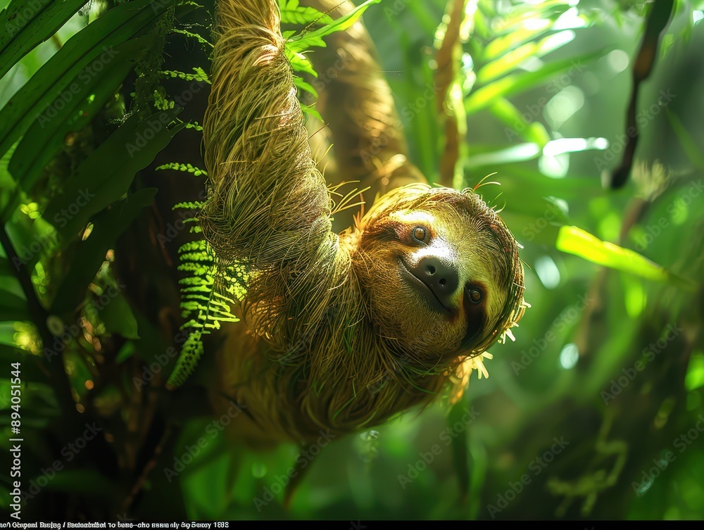 Fototapeta premium Serene Sloth in Lush Canopy: Capturing the Peaceful Essence of a Sloth Hanging Upside Down in the Rainforest