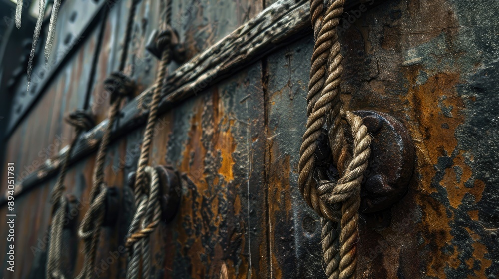 Ropes hanging on old ship s metal wall Ropes hanging on old ship s metal wall