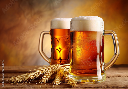 Frosty Beer Mugs on Rustic Table with Wheat Stalks