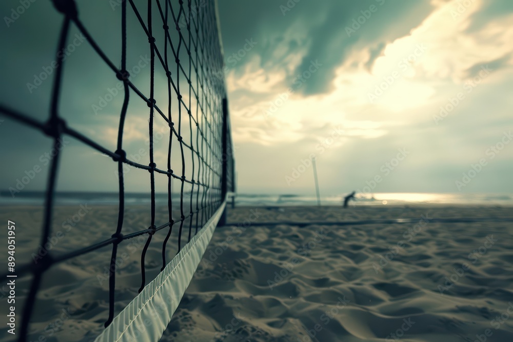 Beach volleyball is featured in an ultramodern, supernatural scene, showcasing dynamic plays on the sand, with plenty of copy space Beach volleyball is featured in an ultramodern, supernatural scene, showcasing dynamic plays on the sand, with plenty of copy space
