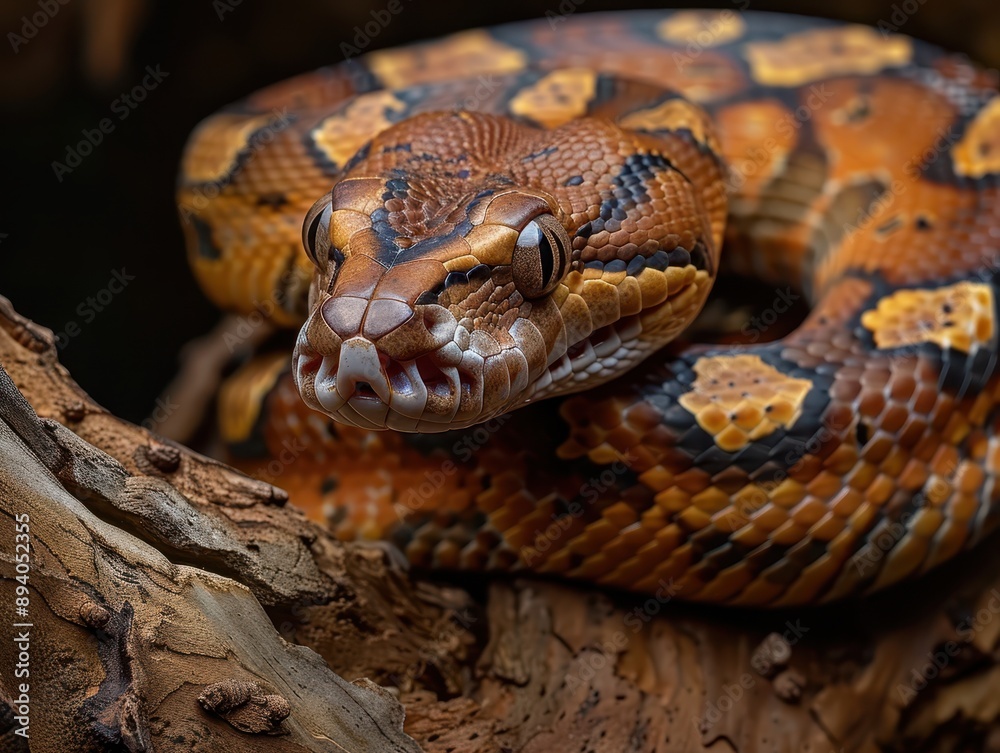 Majestic Red-Tailed Boa Constrictor Coiled on a High Branch in the Wild Jungle Majestic Red-Tailed Boa Constrictor Coiled on a High Branch in the Wild Jungle
