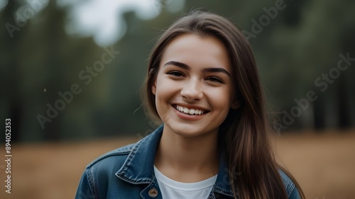 Close-up shot of a joyful beautiful young woman with a green, leafy background.