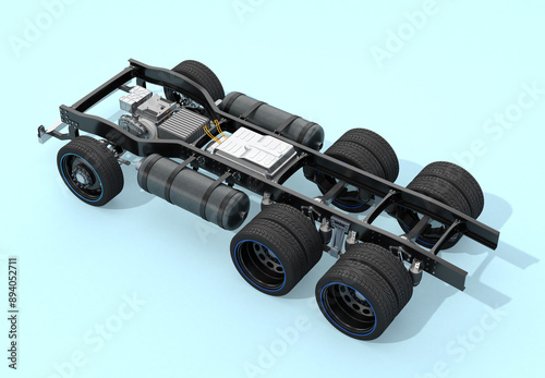 Rear view of FCV Semi truck chassis on  light blue background. Fuel cell hydrogen system equipped with fuel cell stack, battery, H2 gas tanks, dual motors. 3D rendering image.