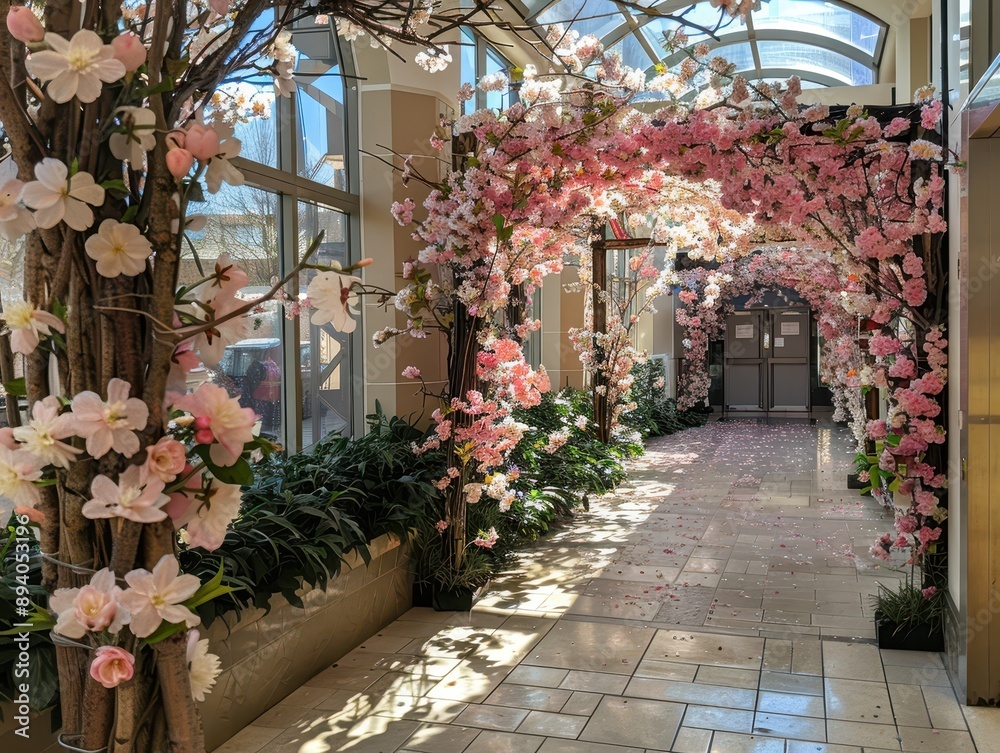 Naklejka premium Blossoming Spring Floral Archway Bringing Cheerful Ambiance with Cherry Blossoms, Tulips, and Daffodils