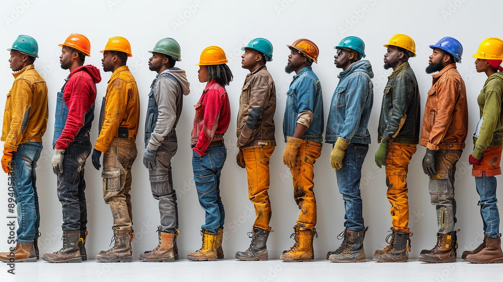 Workers standing in line white background Workers standing in line white background