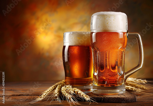 Frosty Beer Mugs on Rustic Table with Wheat Stalks