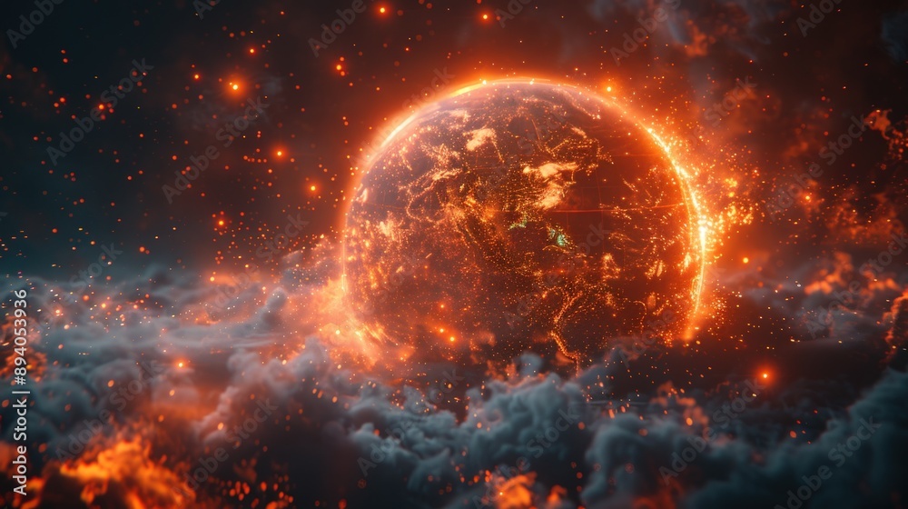 Obraz premium A glowing digital Earth with orange and red lights, surrounded by clouds of data streams.